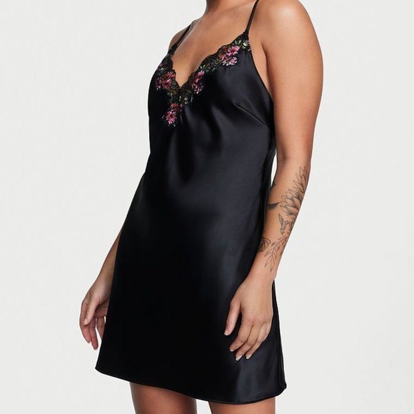 Victoria's Secret Other - VICTORIA'S SECRET Lace-Trim Satin Slip Black Embroidered Lace Silky so Sexy! NWT